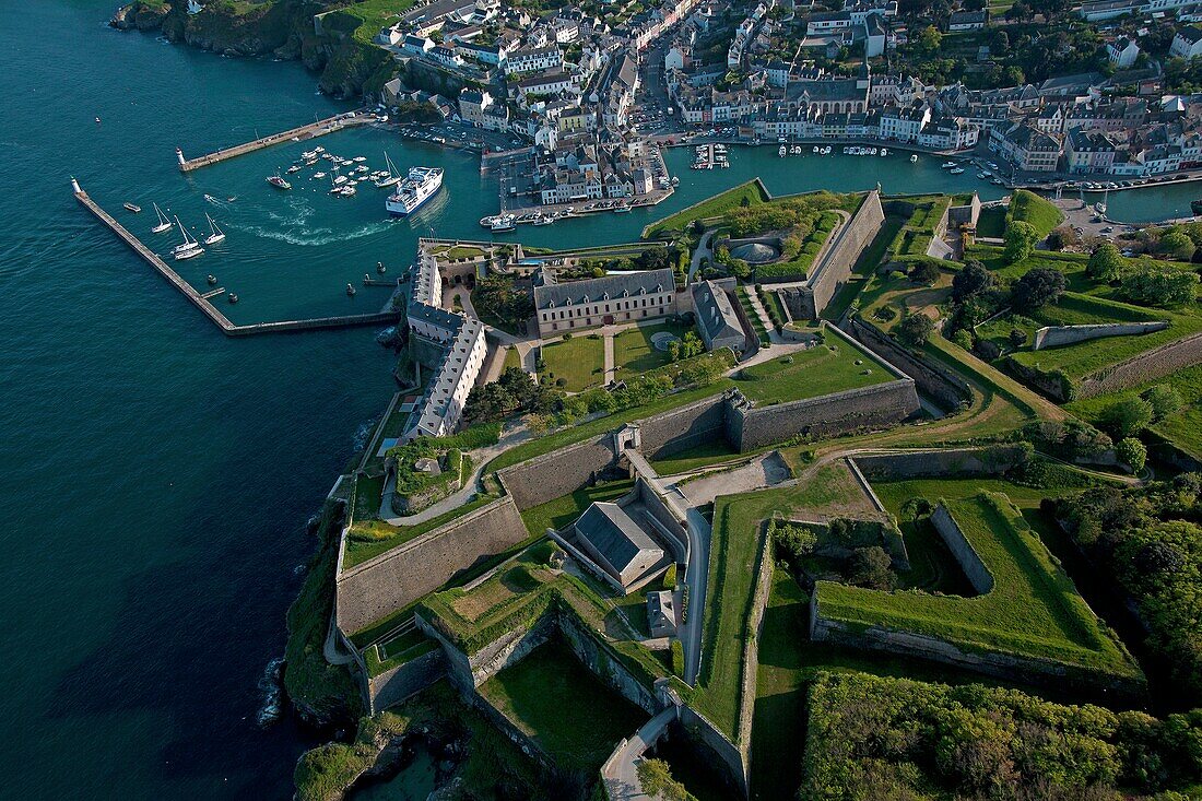 France, Brittany, Le Palais, the Harbor of Belle Ile en Mer, aerial view of the port