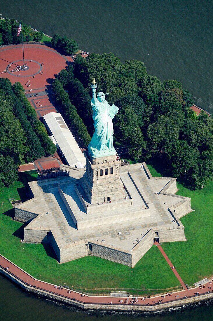 Aerial view of Liberty Statue island, New York bay, North america, USA