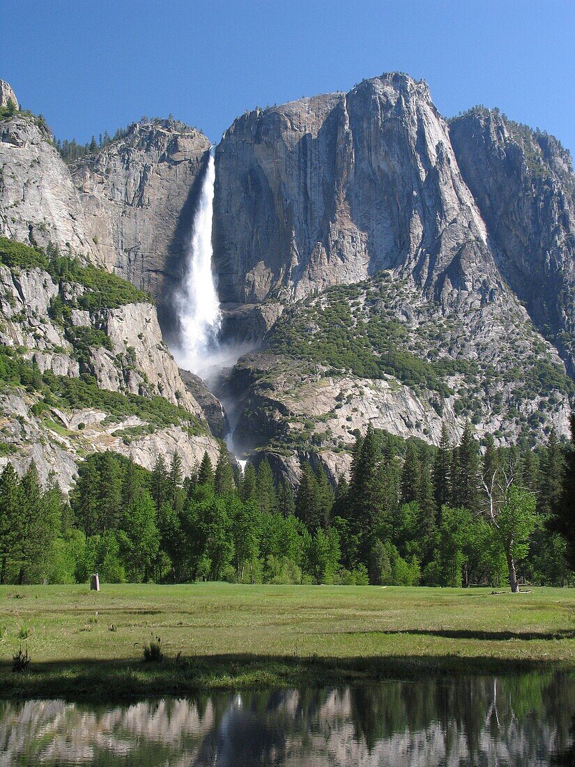 Upper Yosemite Waterfall and Valley Floor Meadow, Yosemite Nat`l Park, Sierra Nevada Mountains, California, USA