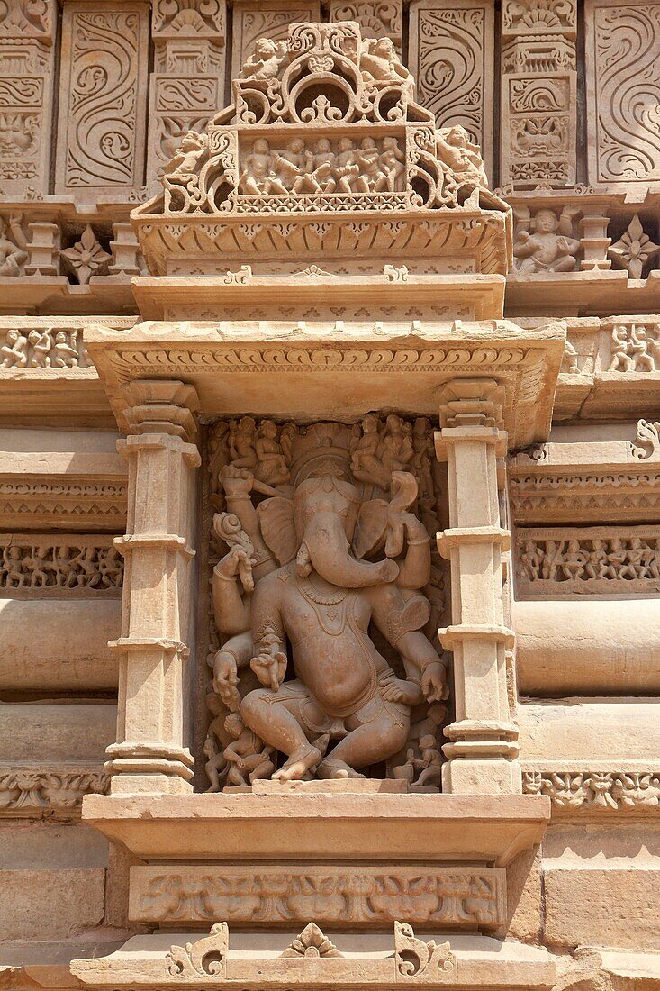 detail of the Lakshmana temple with sculpture, UNESCO World Heritage Site, Khajuraho, Madhya Pradesh, India