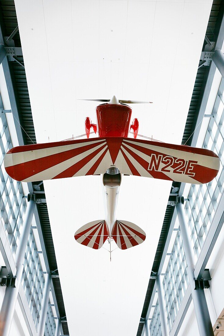 The Pitts Special S-1C Little Stinker,  hanging upside-down overhead in the entrance of the Steven F  Udvar-Hazy Center, Chantilly, Virginia