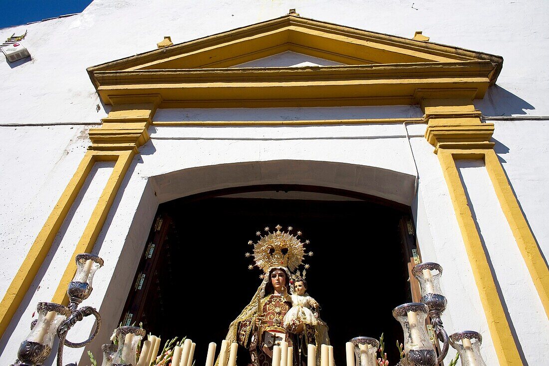 A statue of the Virgin of Carmen is returned to the church during an Easter Holy Week procession in Prado del Rey village, Cadiz province, Andalusia, Spain.