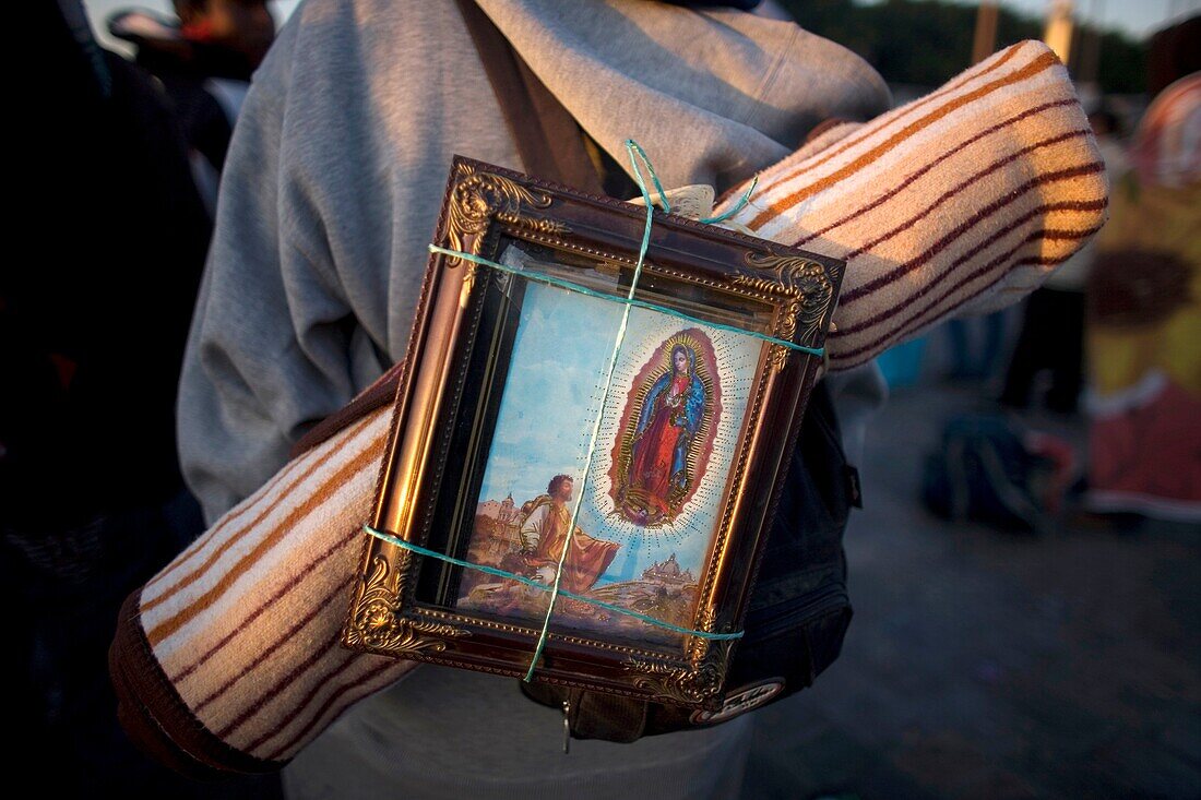 A pilgrim carries on his back an image of the Our Lady of Guadalupe in Mexico City, December 11, 2010  Hundreds of thousands of Mexican pilgrims converged on the Our Lady of Guadalupe Basilica, bringing images to be blessed, as processions filled the stre