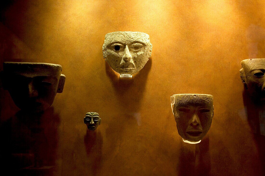 Masks are displayed at the Teotihuacan´s gallery in the National Museum of Anthropology in Mexico City, January 1, 2011  The National Museum of Anthropology and History museum is located in the historic Chapultepec Park in Mexico City  This museum houses