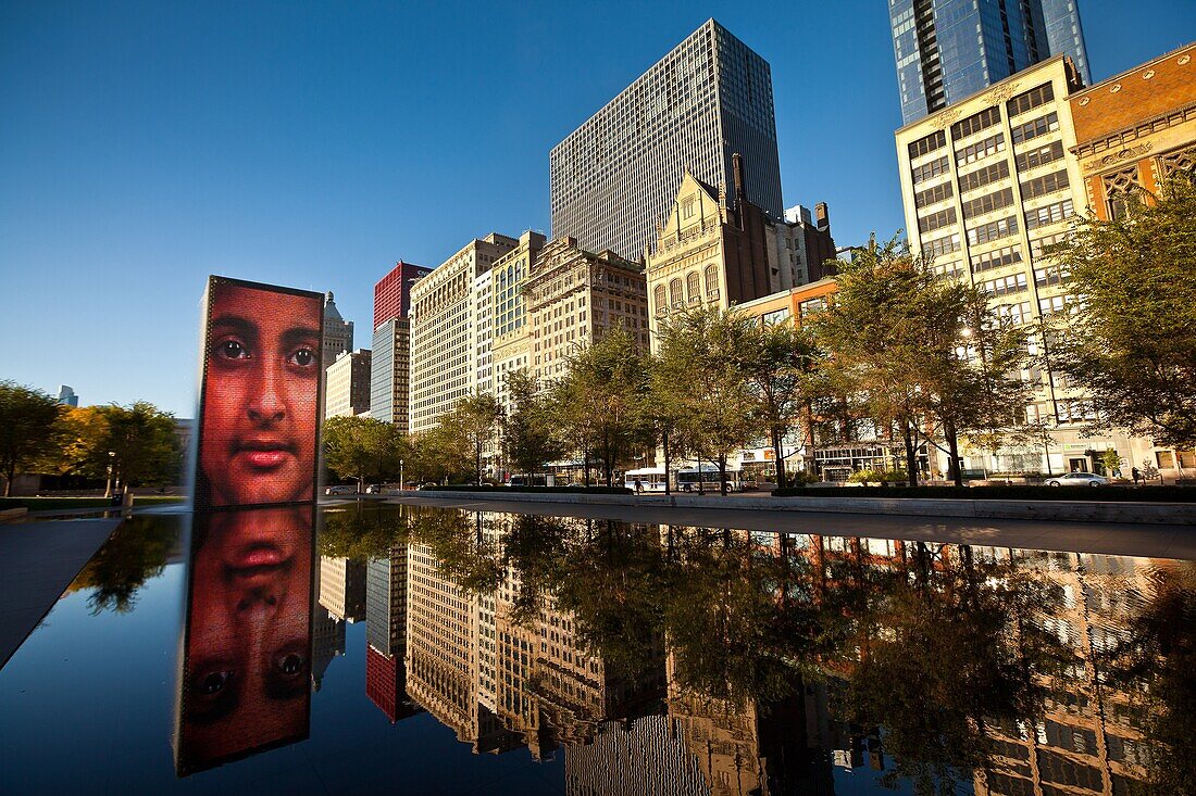 The Crown Fountain by Spanish artist Jaume Plensa in Millennium Park in Chicago, IL, USA