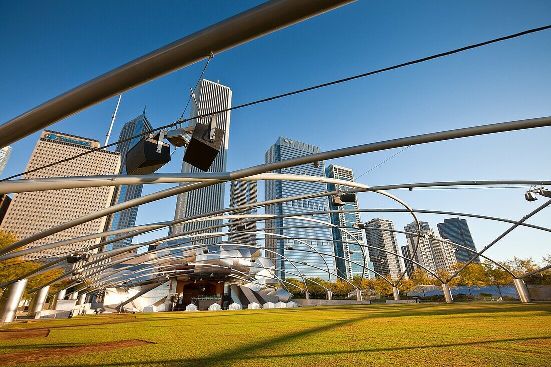 Jay Pritzker Pavilion designed by Frank Gehry in Millennium Park in Chicago, IL, USA