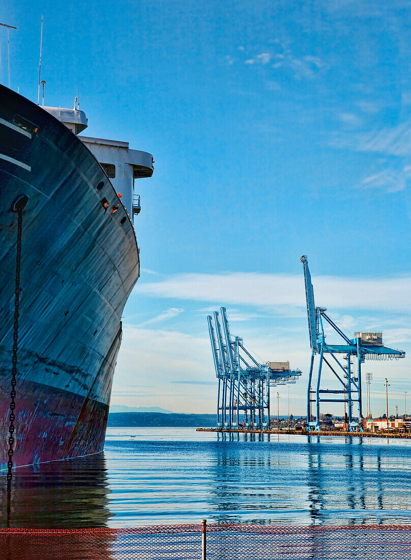 A container ship lies at berth in the Sitcum Waterway of Commencement Bay.  Commencement Bay's history of industry and shipping has led to EPA Superfund designation.  Commencement Bay Nearshore/Tideflats (CB/NT) Superfund Site., Container Terminal, Port o