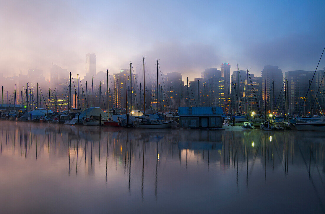 Early morning view over the marina and waterfront and mist rising over the city skyline. View from Stanley Park., Vancouver skyline from Stanley Park