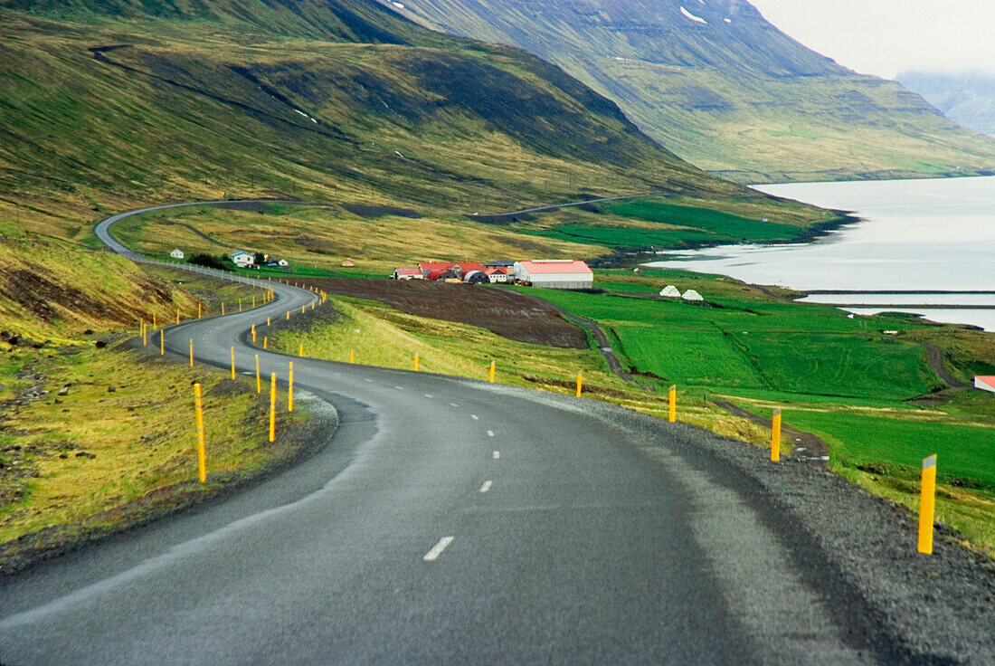 A road running along the shoreline of the Westfjords peninsula on the Atlantic coast. Valleys and mountainside. Farms, barns and cultivated land. Fjord landscape., Westfjords landscape in Iceland