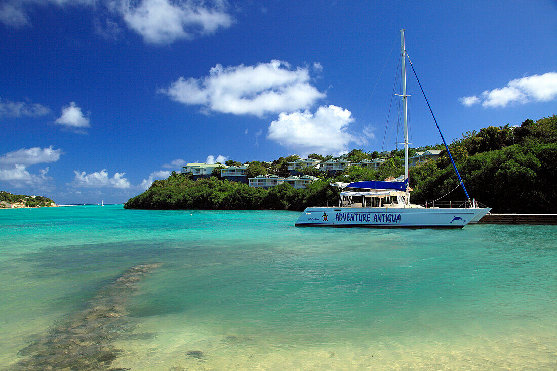 Boat in a bay at The Veranda Resort, Antigua, West Indies, Caribbean, Central America, America