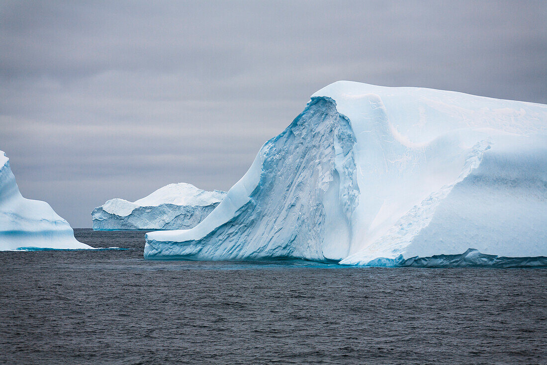 Blue icebergs with Laurie Island, Washington Strait, South Orkneys, Southern Ocean, Antarctica