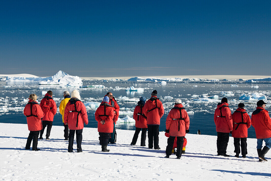 Touristen auf antarktischem Festland, Prospect Point, Antarktische Halbinsel, Antarktis