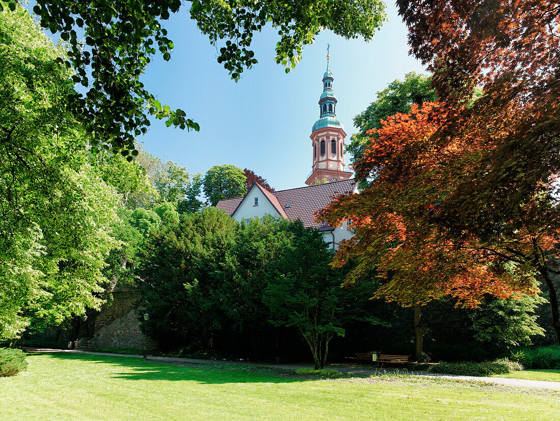 Zwingerpark mit Heilig Kreuz Kirche im Hintergrund, Offenburg, Baden-Württemberg, Deutschland, Europa