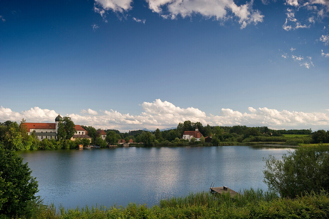 Lake Klostersee and Seeon abbey, Seeon, Chiemgau, Bavaria, Germany