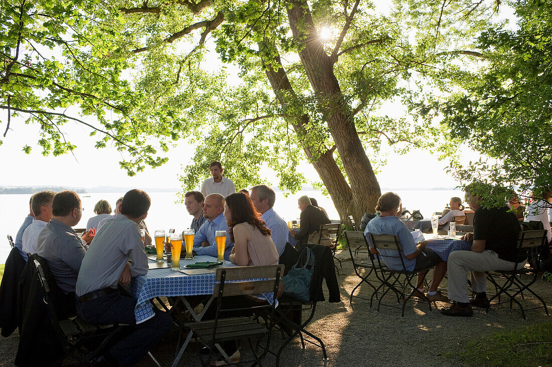 Beer garden near Uebersee, Chiemsee, Chiemgau, Bavaria, Germany