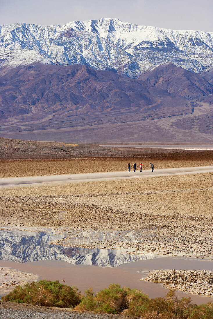 Blick auf Badwater im Death Valley und Panamint Mountains, Death Valley National Park, Kalifornien, USA, Amerika