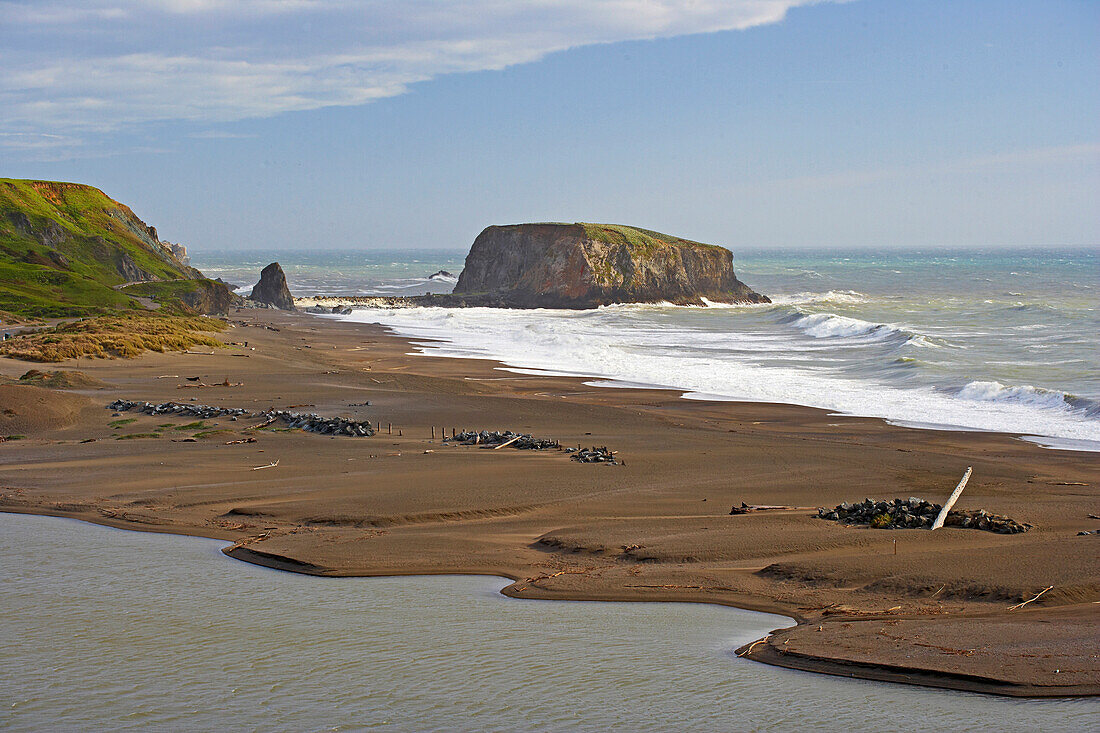 Mouth of the Russian River, Pacific Ocean, Goat Rock State Beach, Sonoma, Highway 1, California, USA, America