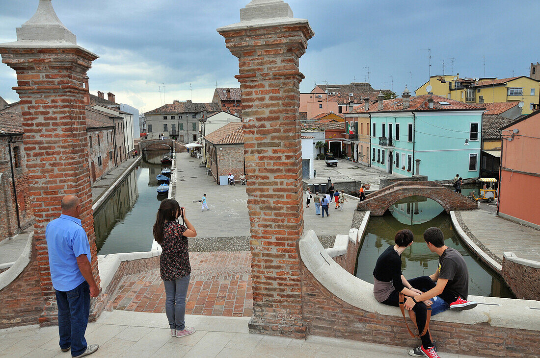 View from the Trepponti bridge towards the fish market, Comacchio, Emilia-Romagna, Italy