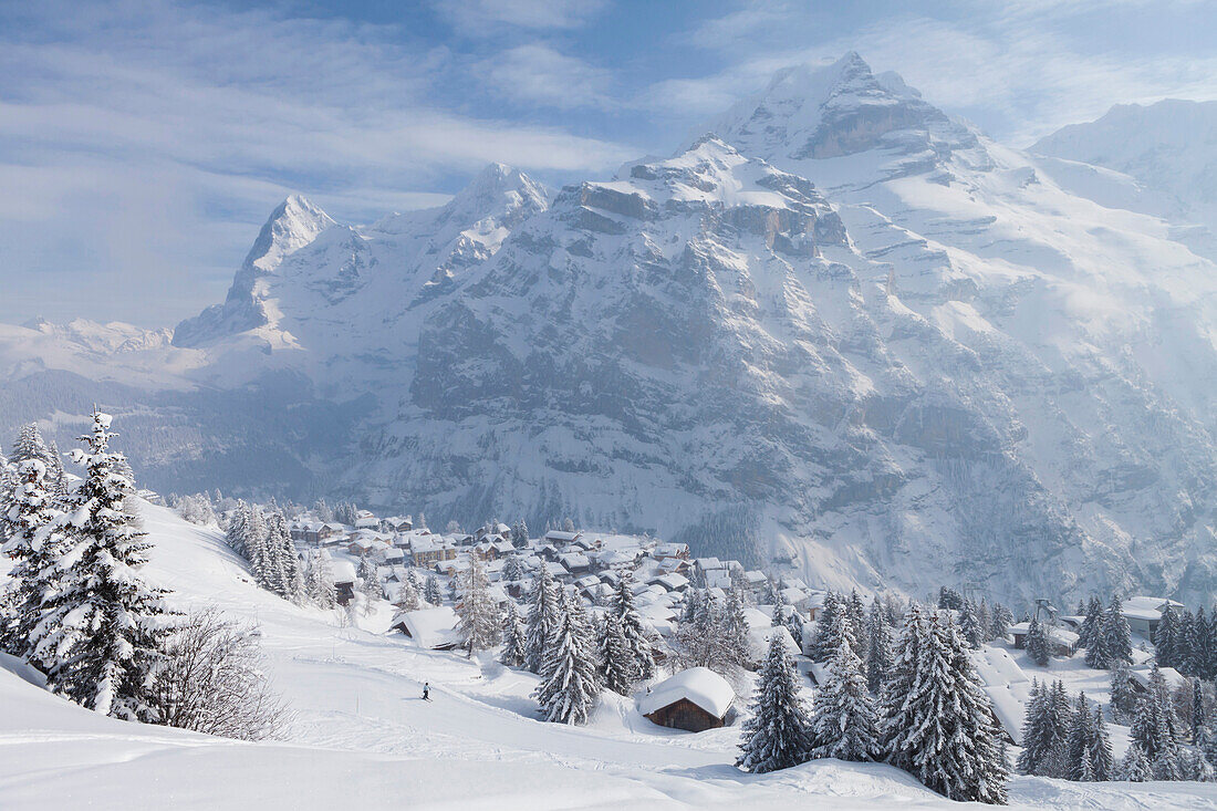 Deep Winter at Muerren, panoramic view to Eiger, Mönch and Jungfrau, Mürren-Schilthorn skiing area, Lauterbrunnental, Jungfrauregion, Bernese Oberland, Canton Bern, Switzerland, Europe