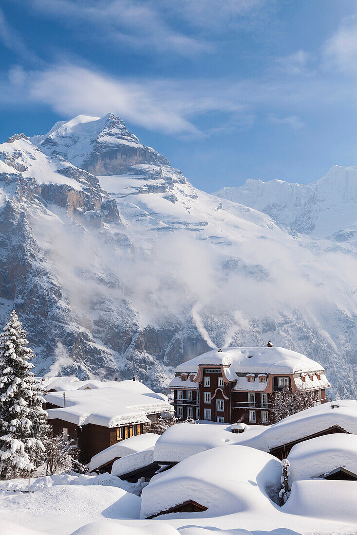 Deep Winter at Mürren, view to Silberhorn and Jungfrau, Mürren-Schilthorn skiing area, Lauterbrunnental, Jungfrauregion, Bernese Oberland, Canton Bern, Switzerland, Europe