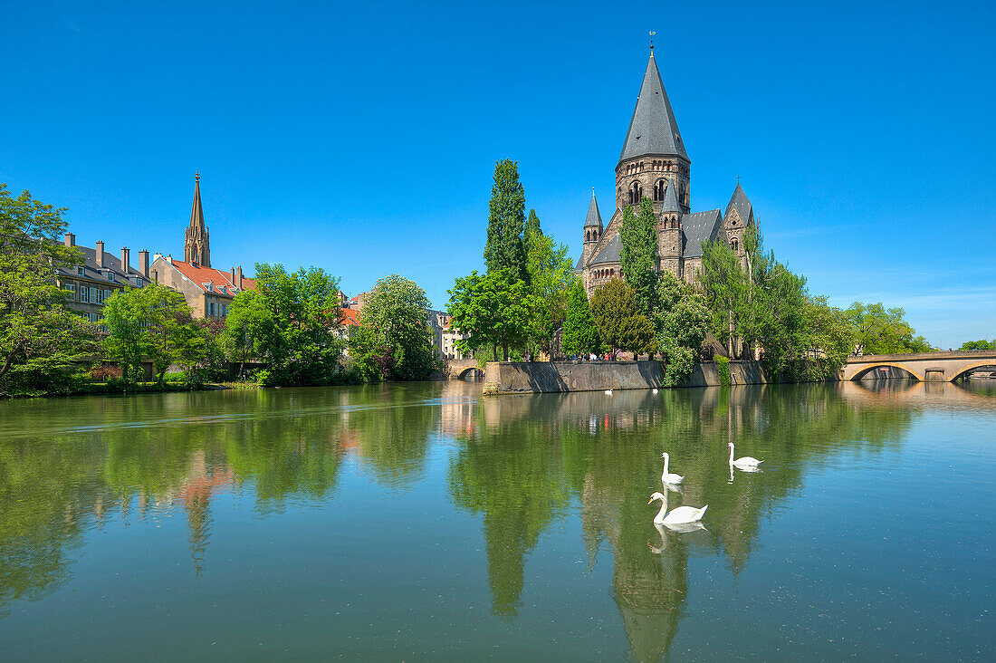 Temple Neuf church with Moselle river, Metz, Lorraine, France, Europe