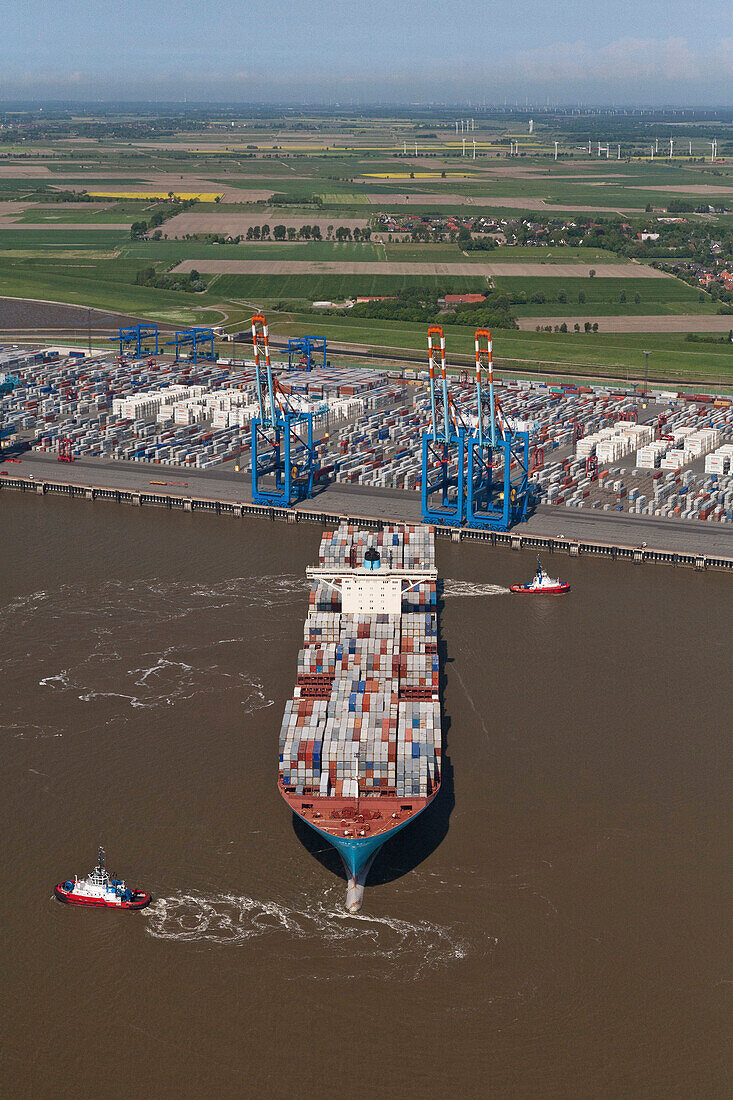 Aerial view of container port Bremerhaven, freighters being loaded by cranes, Weser Rivermouth, Bremerhaven, Bremen, Northern Germany