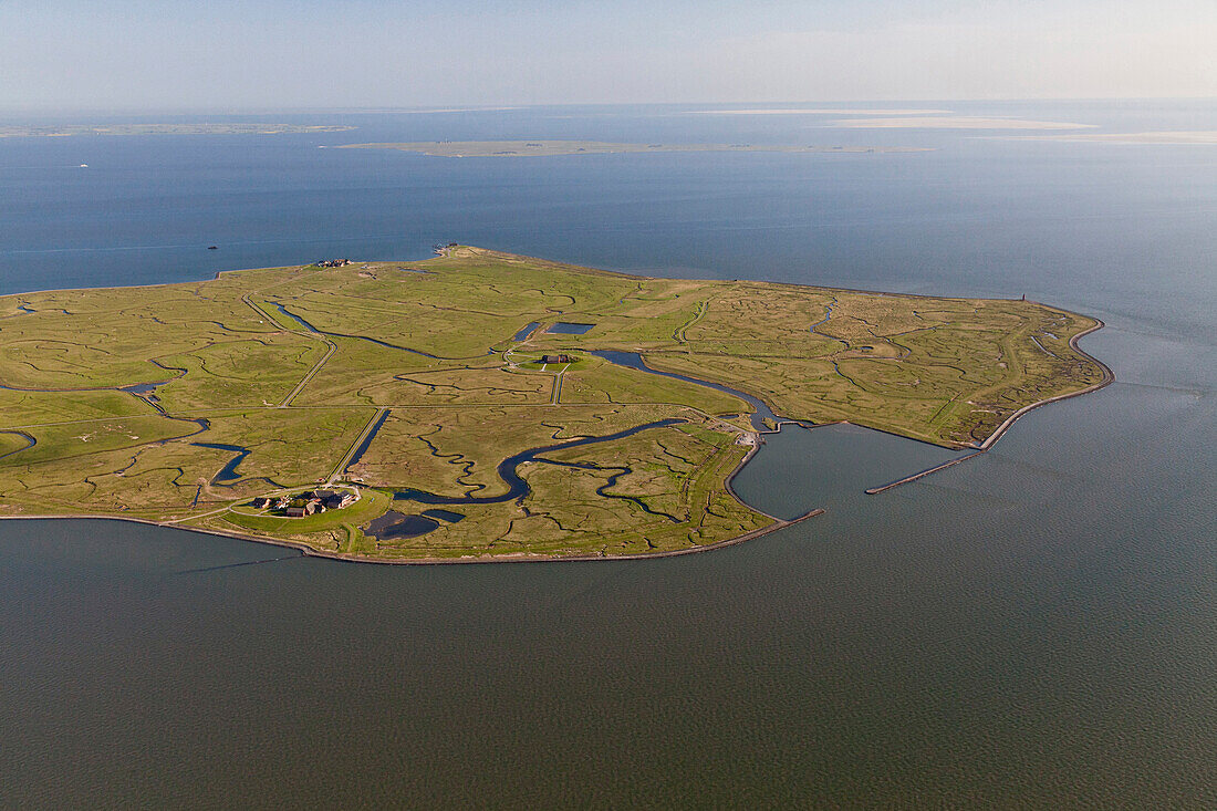 Luftbild der Nordseeinsel Langeneß mit Hafen und Salzwiesen, Hallig, Langeneß, Nordfriesland, Schleswig-Holstein, Deutschland