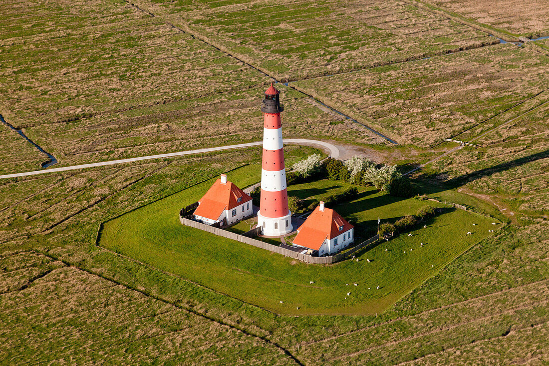 Aerial view of lighthouse at Westerheversand, Eiderstedt Peninsula, Northern Frisia, Schleswig-Holstein, Germany