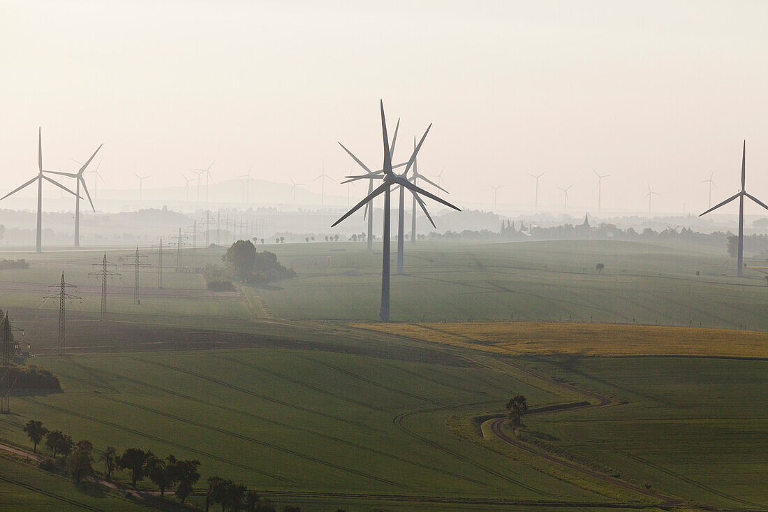 Aerial view of a wind farm near Salzgitter, alternative power, Salzgitter, Lower Saxony, Germany