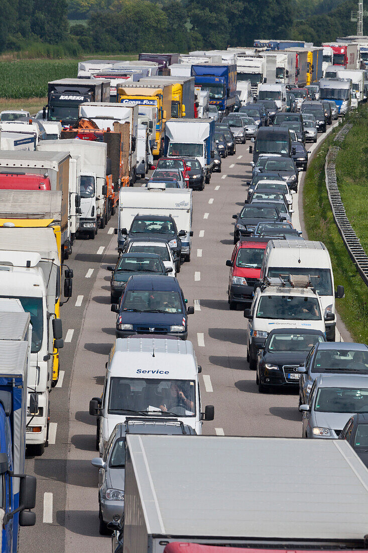 Traffic at a standstill on a German Autobahn, traffic jam, Bavaria, Germany