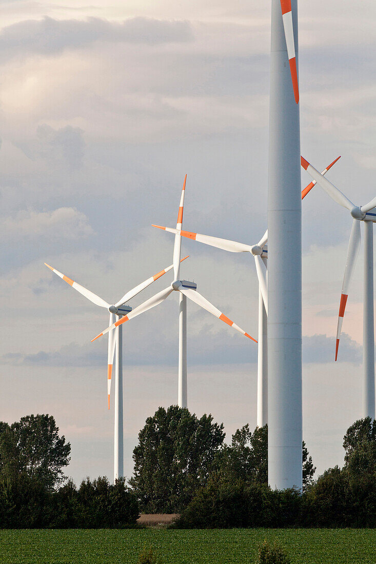 Wind turbines along the A2 Autobahn direction Berlin, Sachsen-Anhalt, Germany