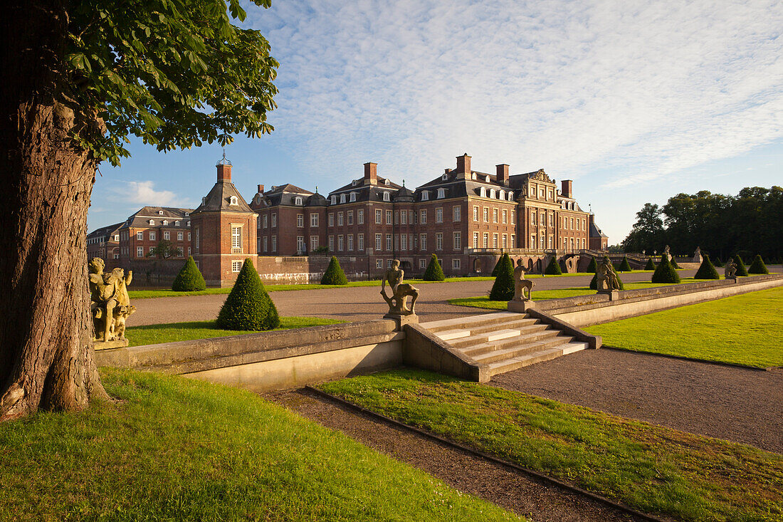 Garden with baroque sculptures at the island of Venus, Nordkirchen moated castle, Muensterland, North Rhine-Westphalia, Germany, Europe