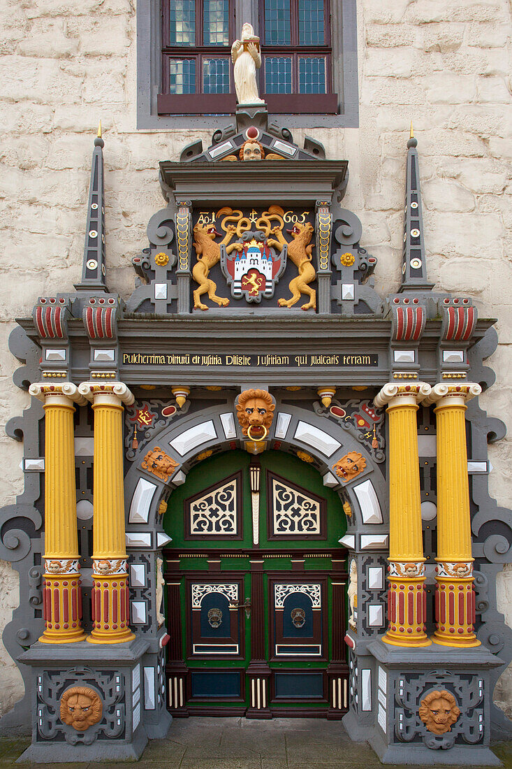 Portal of the town hall, Hannoversch Muenden, Weser Hills, North Lower Saxony, Germany, Europe