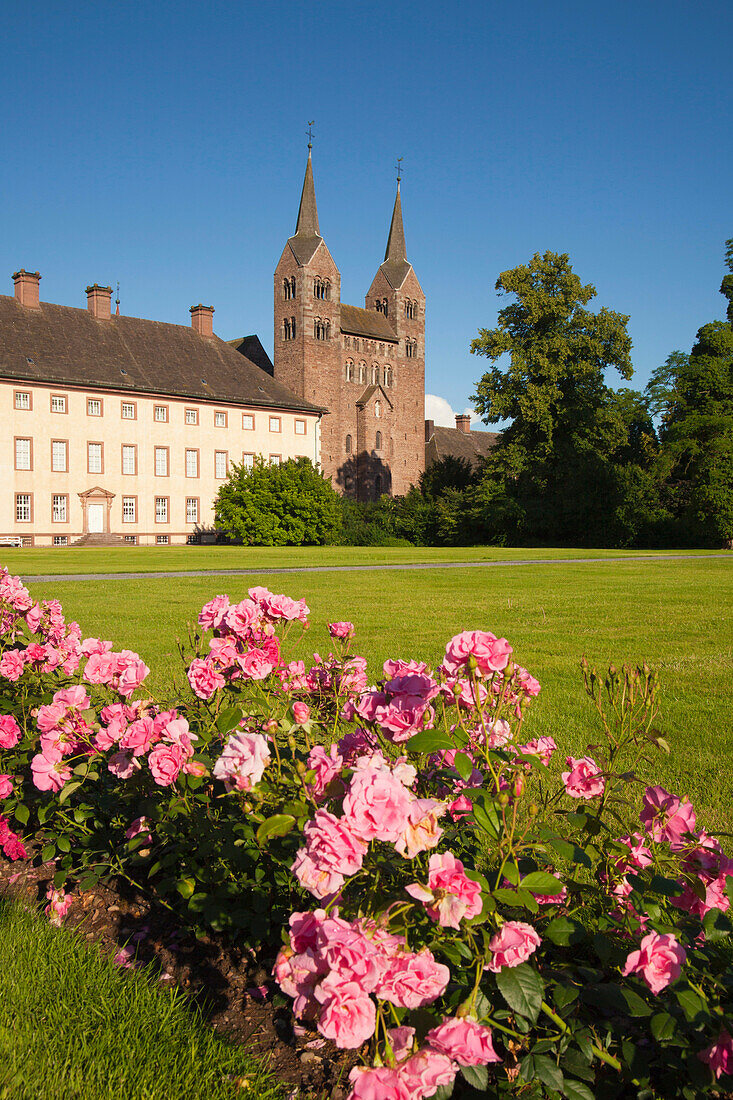 West wing of Corvey castle and westwork of the abbey, Hoexter, Weser Hills, North Rhine-Westphalia, Germany, Europe