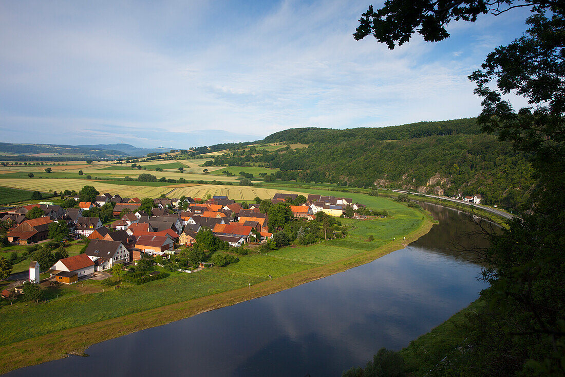View over the Weser river onto Doelme, Bevern, Weser Hills, North Lower Saxony, Germany, Europe
