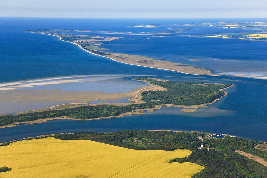 Aerial view of Barhoeft, Bock island and island of Hiddensee, Western Pomerania Lagoon Area National Park, Mecklenburg Western Pomerania, Germany, Europe