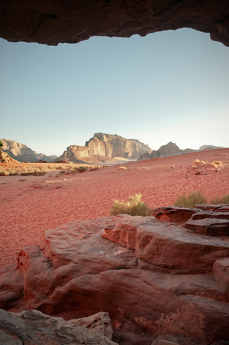 Rock formations at Wadi Rum in the evening light, red sand in the desert, Jordan, Middle East, Asia