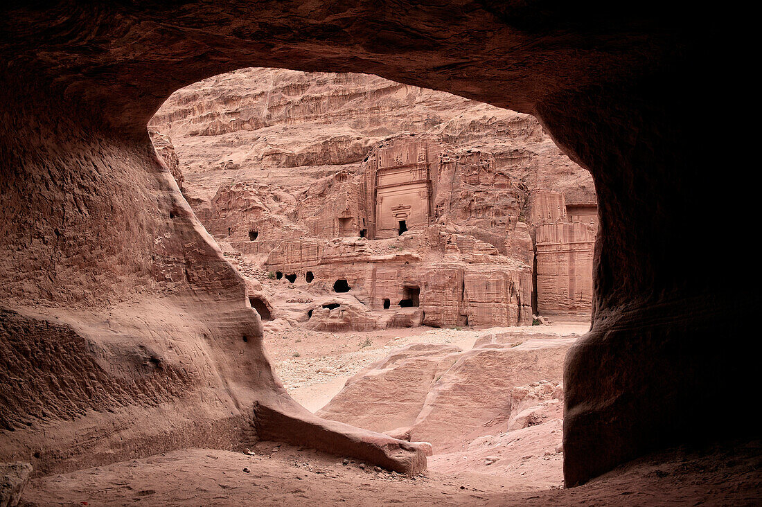 view out of cave tomb at Royal Tombs in Petra, UNESCO world heritage, Wadi Musa, Jordan, Middle East, Asia