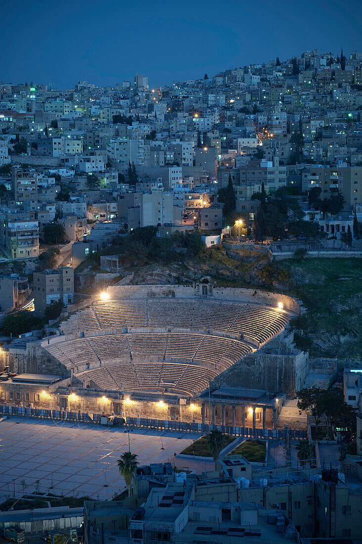 Roman Theatre in the center of the city at night, capital Amman, Jordan, Middle East, Asia