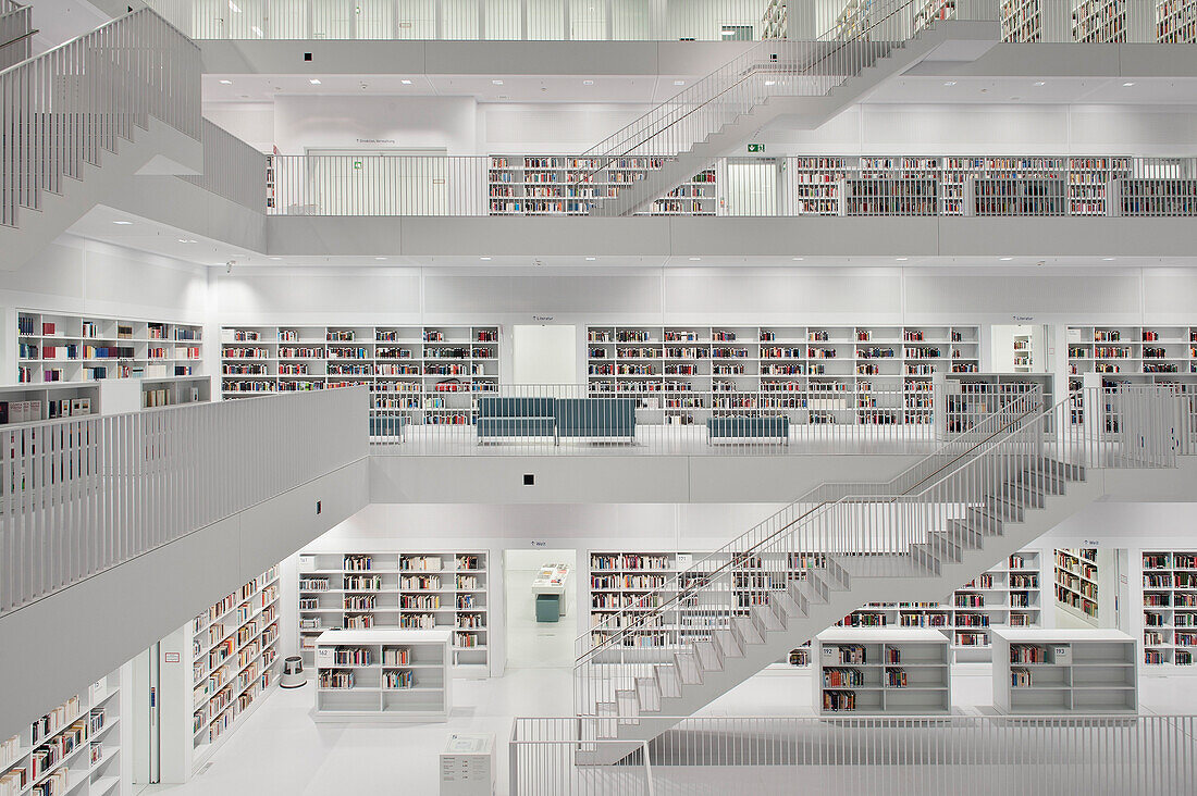 Interior view of the new public library Stuttgart, Baden-Wuerttemberg, Germany, Europe