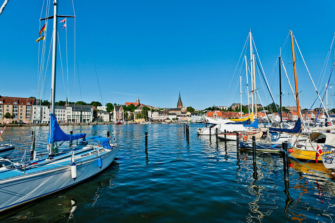 Harbour and view to the old city of Flensburg, Flensburg Fjord, Baltic Sea, Schleswig-Holstein, Germany