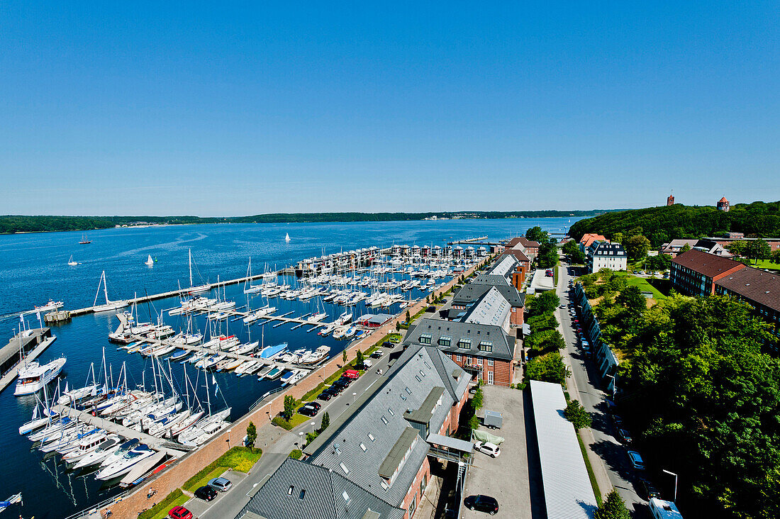 View to the marina and swimming houses, Flensburg, Flensburg Fjord, Ostsee, Schleswig-Holstein, Germany