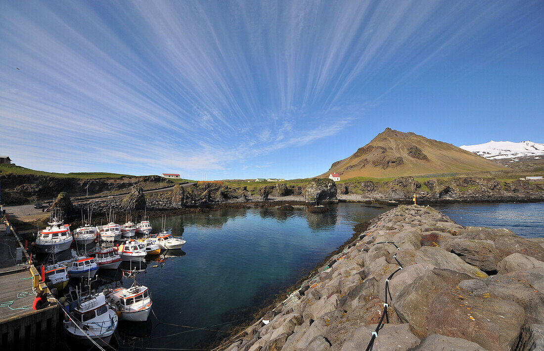 Boats at harbour of Arnarstapi under the Snaefellsjoekull, Snaefellsnes peninsula, West Iceland, Europe