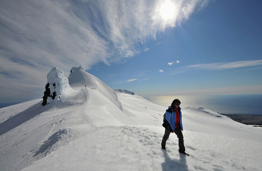 Hiker on Snaefellsjoekull, Snaefellsnes peninsula, West Iceland, Iceland