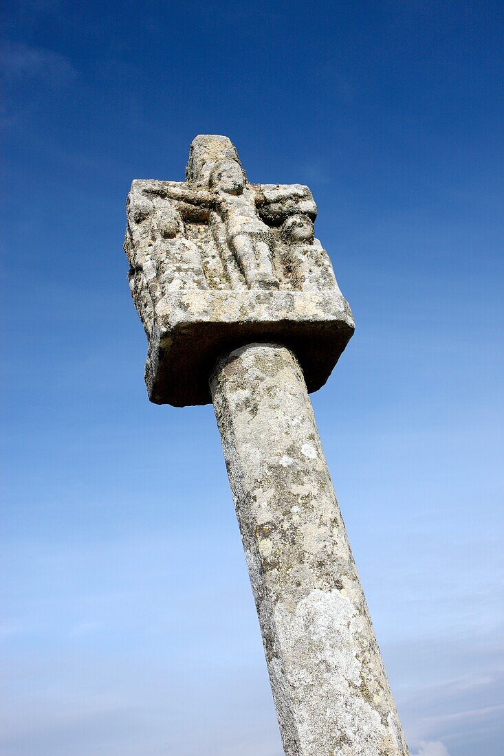 France, Brittany, Carnac, Tumulus Saint Michel, close up of the carved cross of Christ