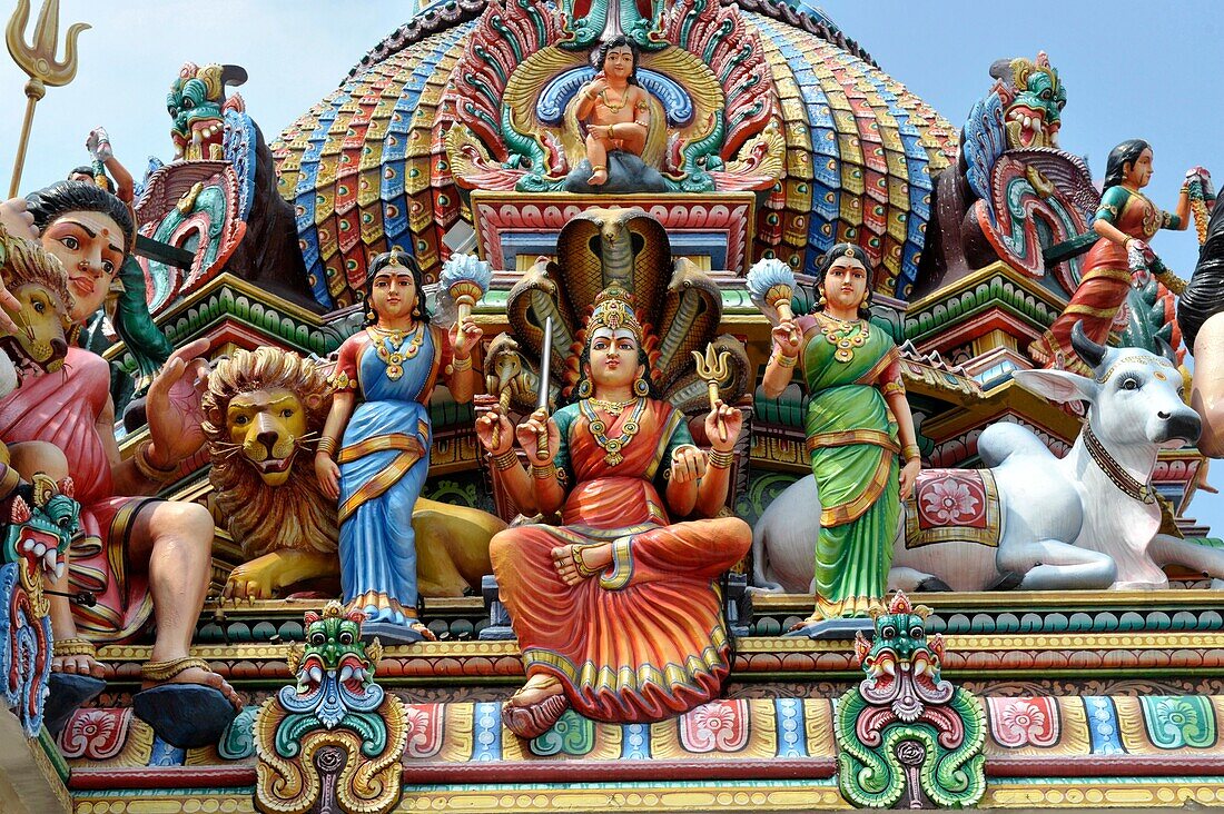 Asia, Southeast Asia, Singapore, Sri Mariamman Hindu temple, close-up of colored statuettes