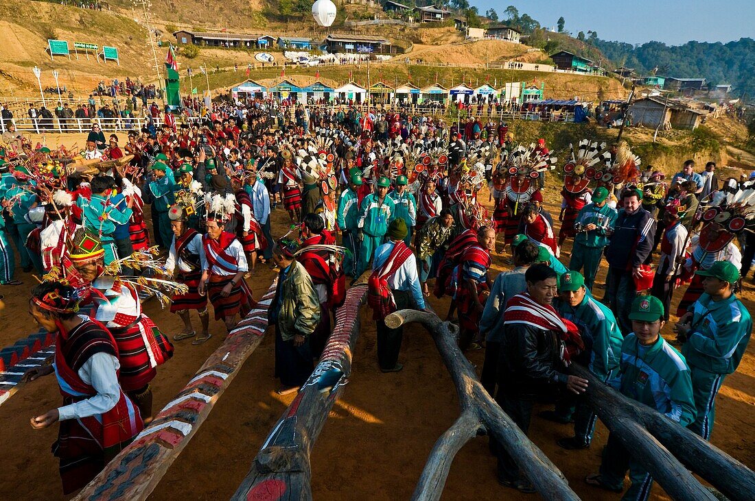 Myanmar (Burma), Sagaing State, Leshi, Naga Konyak tribe during the traditional ceremony of pillar raising