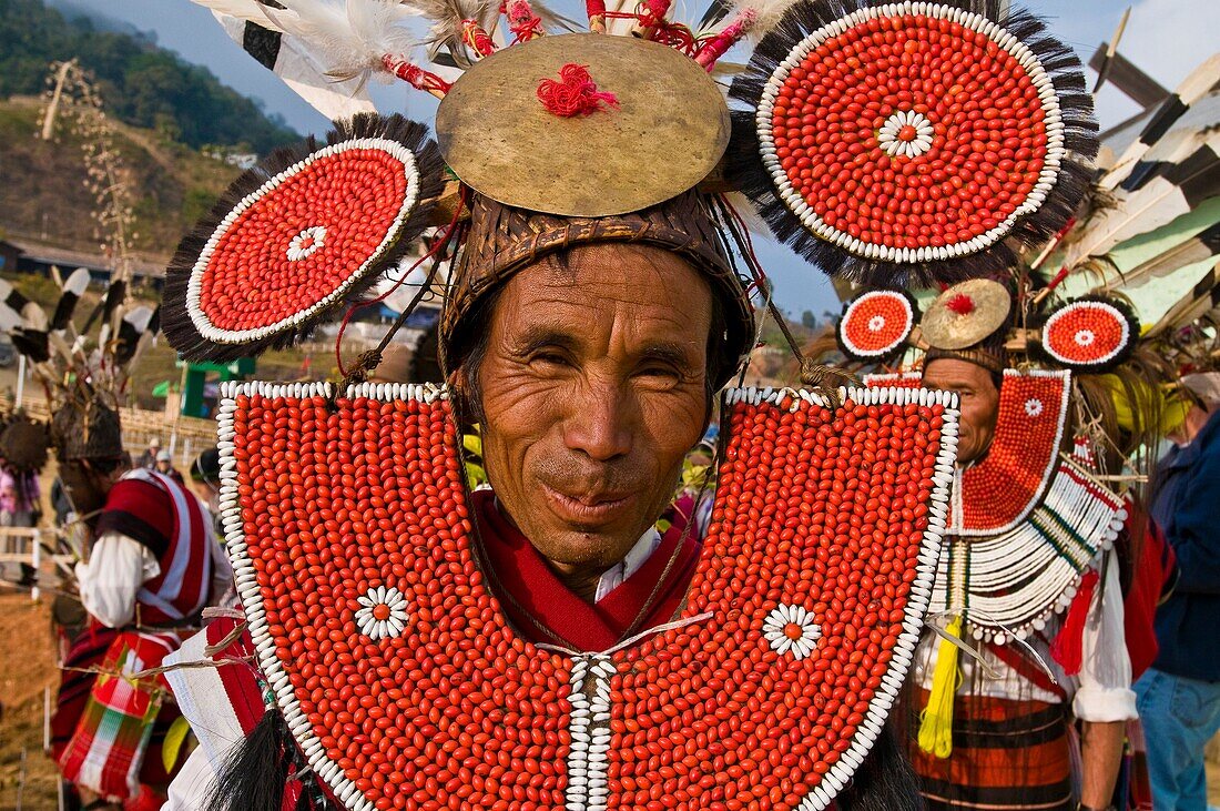 Myanmar (Burma), Sagaing State, Leshi, Naga from the Tenkul tribe wearing a mask named Rakat