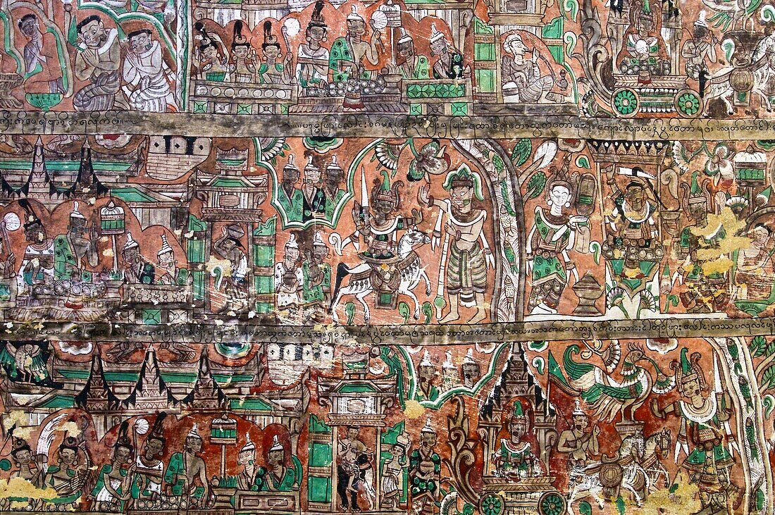 Myanmar (Burma), Sagaing State, Hpo Win Mounts, Po Win Daung, the Queen caves, wall paintings showing the itinerary of Buddha to the purification, the red ceiling is representative of the end of the 17th century