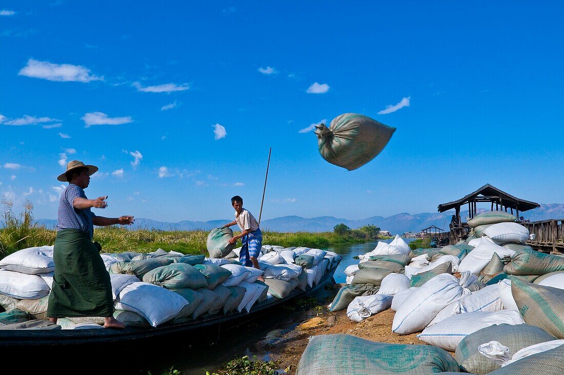 Myanmar (Burma), Shan State, Inle Lake, Mine Thauk village wharf, canoes unload supplies for the village